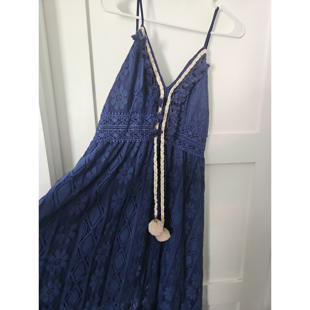 CUPSHE Navy Blue Floral Lace High Low Boho Maxi Dress Medium NWT Tassel Pom